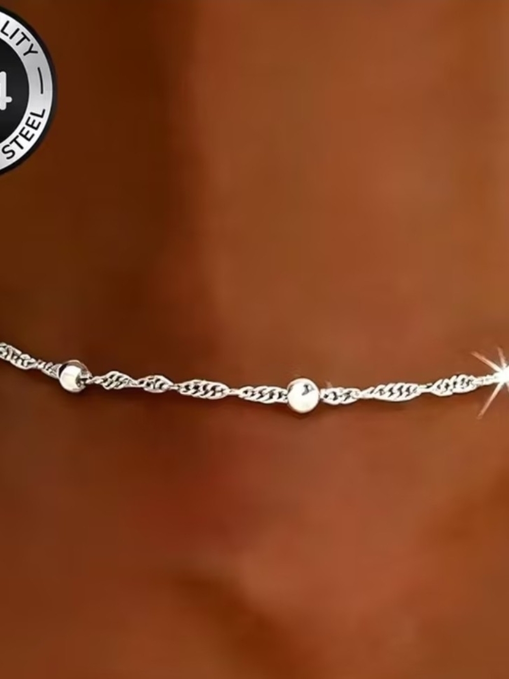 Sterling Silver Beaded Chain Anklet - Silver